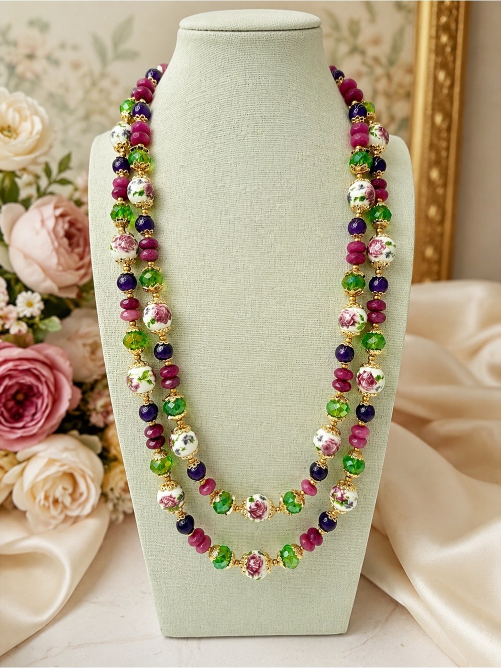 Artisan Ruby Amethyst Swarovski Crystal Double Strand Floral Necklace 20” & 22”